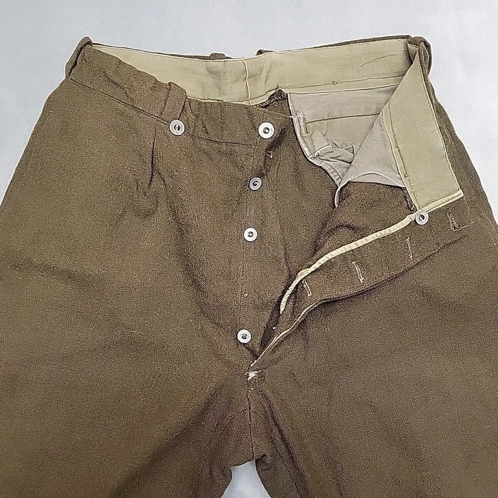 VTG French Military Pants Men 36x28 Brown Wool Service Trousers Button Fly 50s